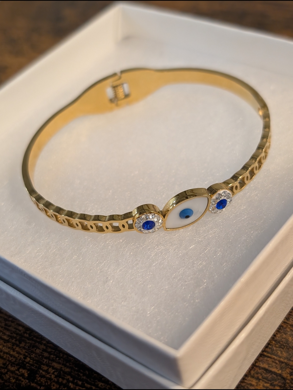 Gold Evil Eye Cuff Bracelet with Blue Accents - Women Jewelry